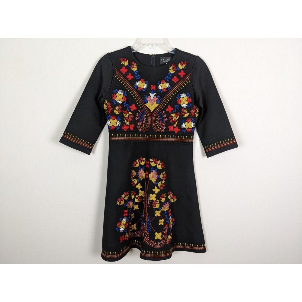 Lai Meng five cats Colorful‎ Embroidered black dress size S